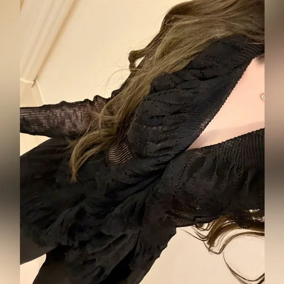 ✨Black Multi-Knit Ruffled Cardigan | Ruffled Trim & Sheer | Statement Piece - Picture 7 of 8